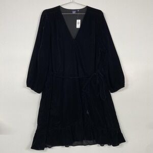 NWT Gap Wrap Dress Womens 2XL Tall Black Velvet Long Sleeve Belted Ruffle Hem